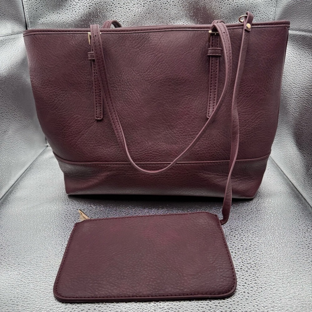 Urban Expressions Work Tote with Wristlet Pebble Vegan Leather Footed Burgundy - Picture 10 of 12